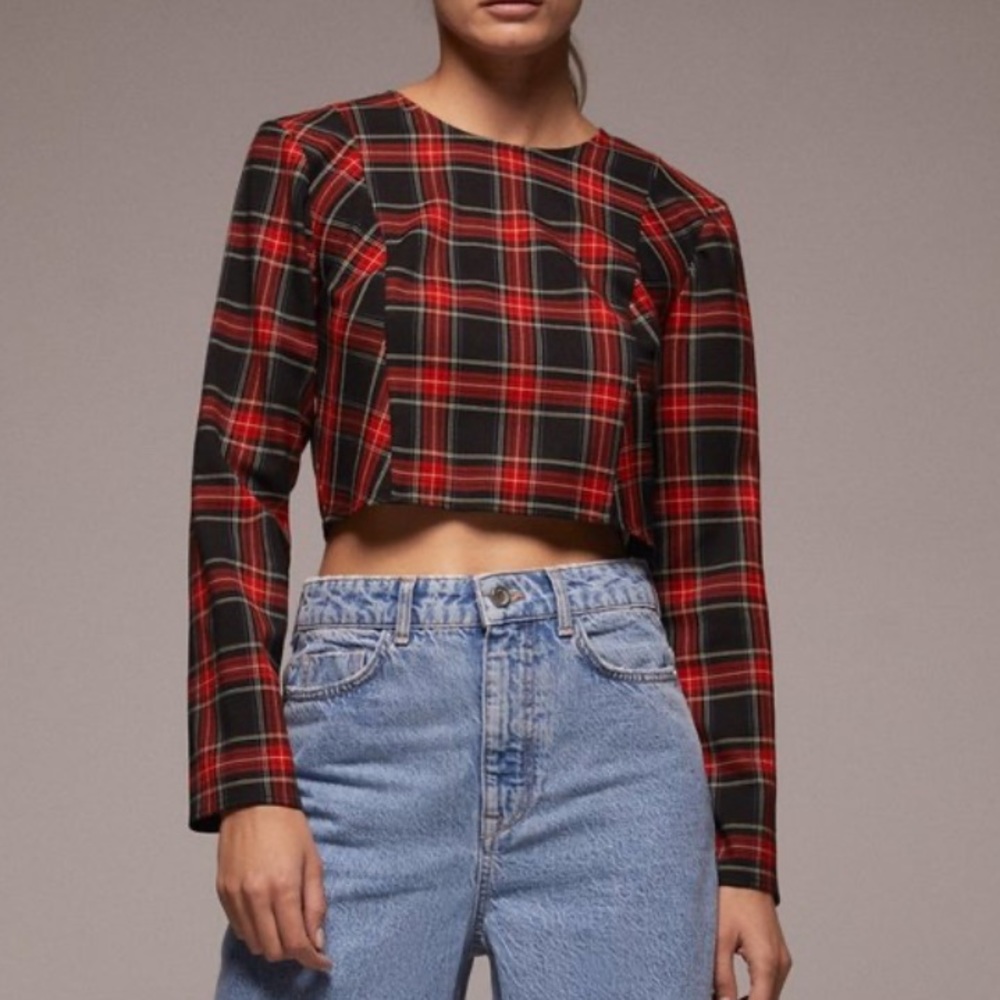 ❤️ ZARA RED BLACK PLAID LONG SLEEVE CROP TOP! - Picture 5 of 13